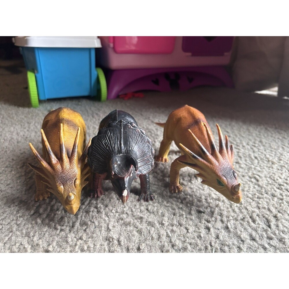 Vintage Imperial 1985 Styracosaurus Dinosaur Toy Figure Lot Orange Yellow Black